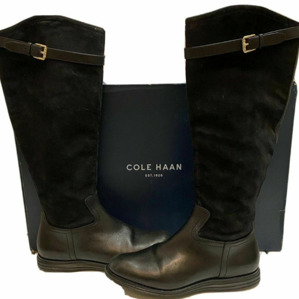 Cole Haan Original Grand Black Leather Suede Tall Riding Boots Women Sz 10